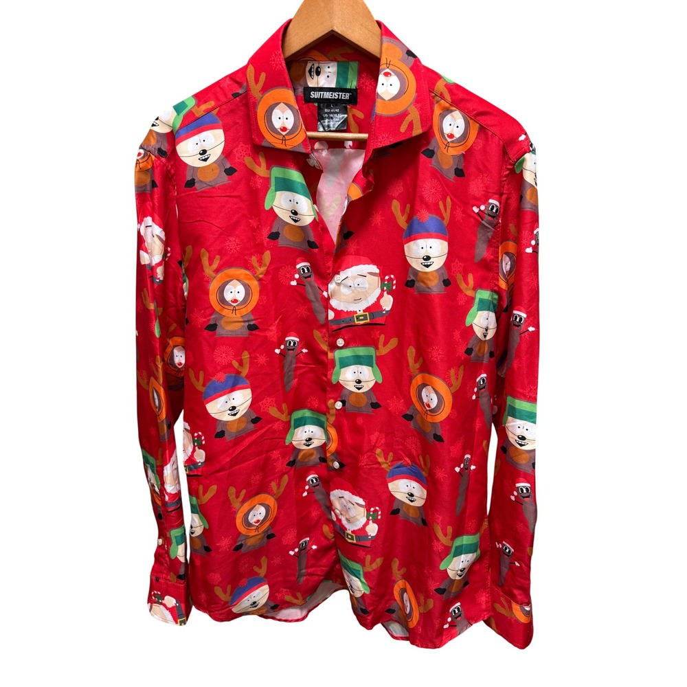 South Park Christmas Shirt Men L Red Festive Long Sleeve Button Suitmeister